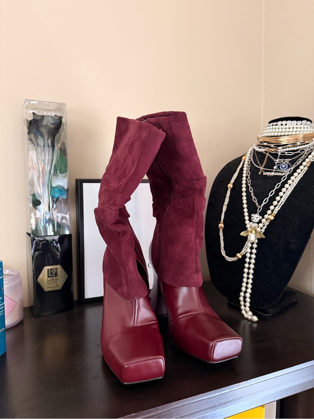 Women's Burgundy Square-Toe Mid-Calf Boot Heels